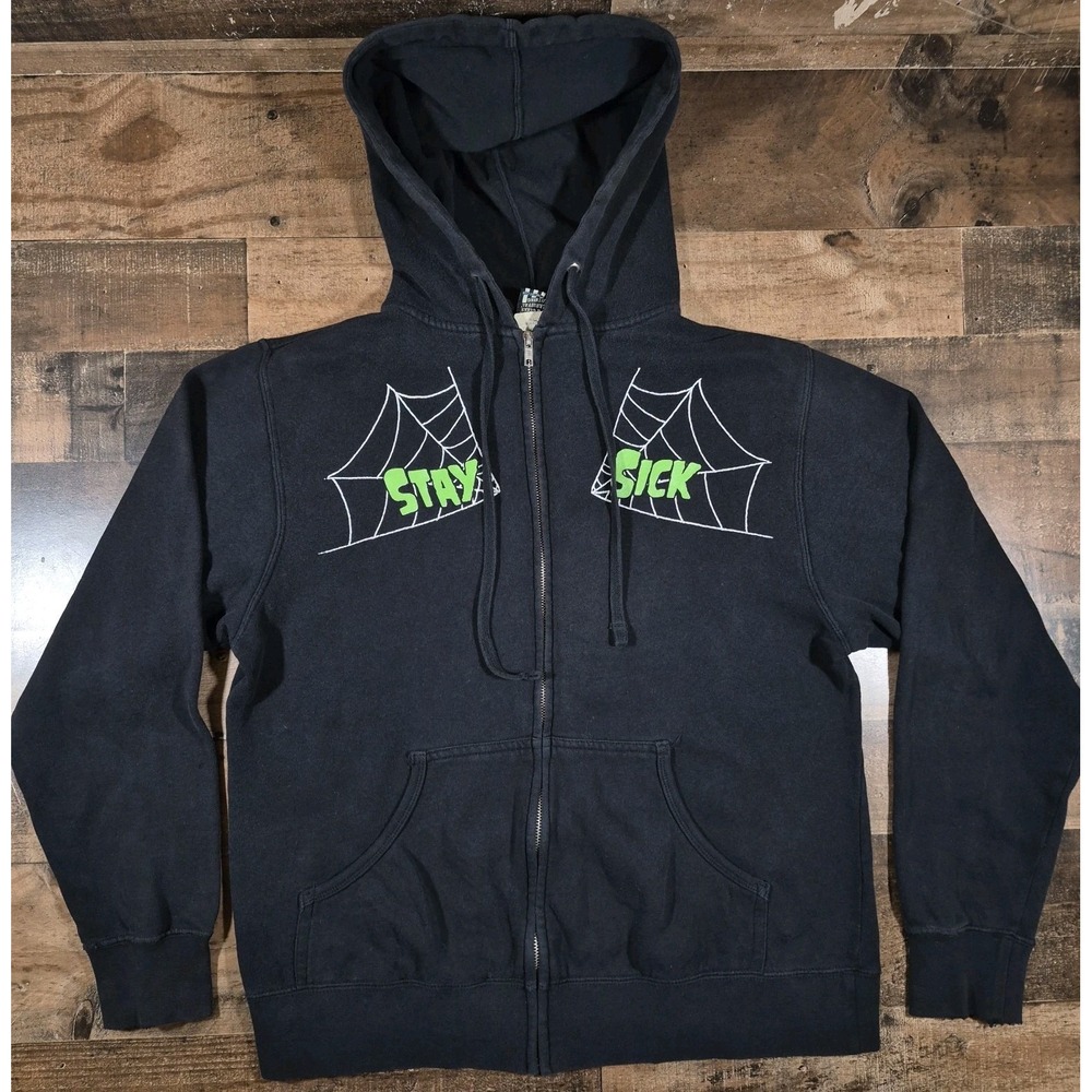 Vintage Y2K Too Fast Stay Sick Hoodie Mens Medium Black Neon Green Skull Cobwebs